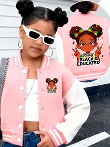 Girls' Short Baseball Jacket, Sweet Colorblock Design, Cartoon Girl with Bow Decor, Spring Fall Casual Outerwear