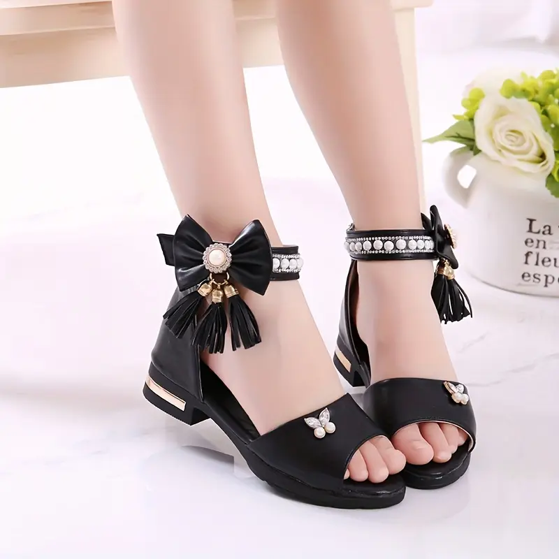 Girls' Open-Toe Party Sandals - Decorative Bowknot, Solid PU Upper, 1 cm or Less Flat Heel, Rubber Sole, Hook-Loop Fasten Closure, Synthetic Material
