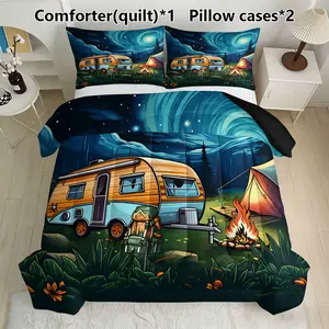 Starry Night Camper Van Bedding Set, Includes 1 Comforter & 2 Pillowcases, Ideal for Camping Adventures, Synthetic Fiber Material