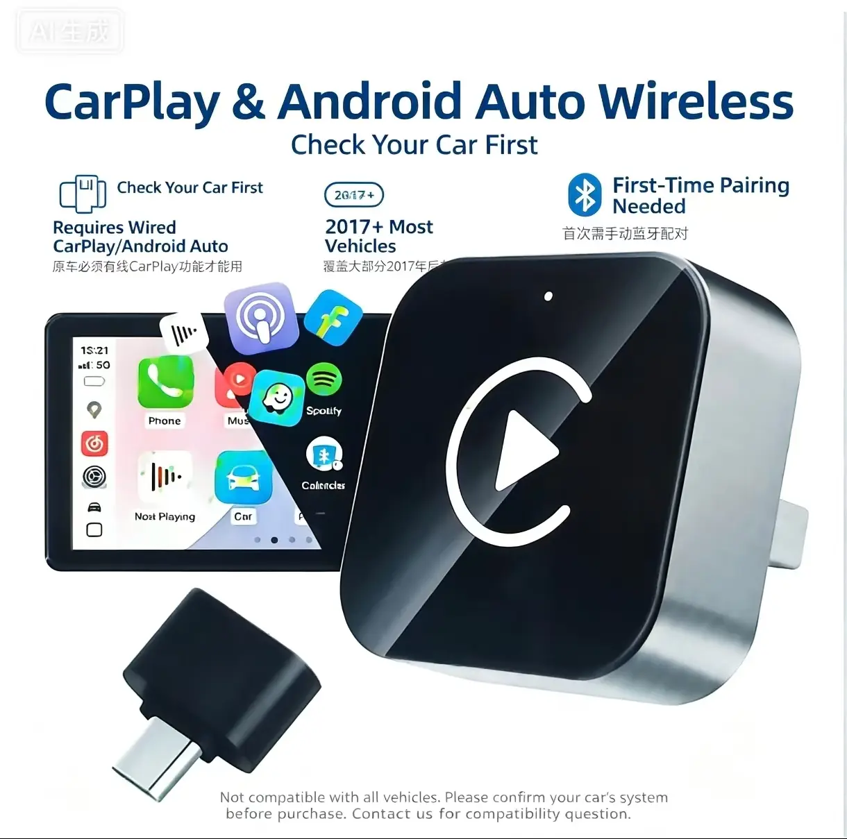 2026 2-in-1 Wireless CarPlay & Android Auto Adapter - Stable Plug-and-Play Device for Most 2017+ Vehicles, Auto-Connect for Navigation, Hands-Free Calls, Wireless Carplay Adapter