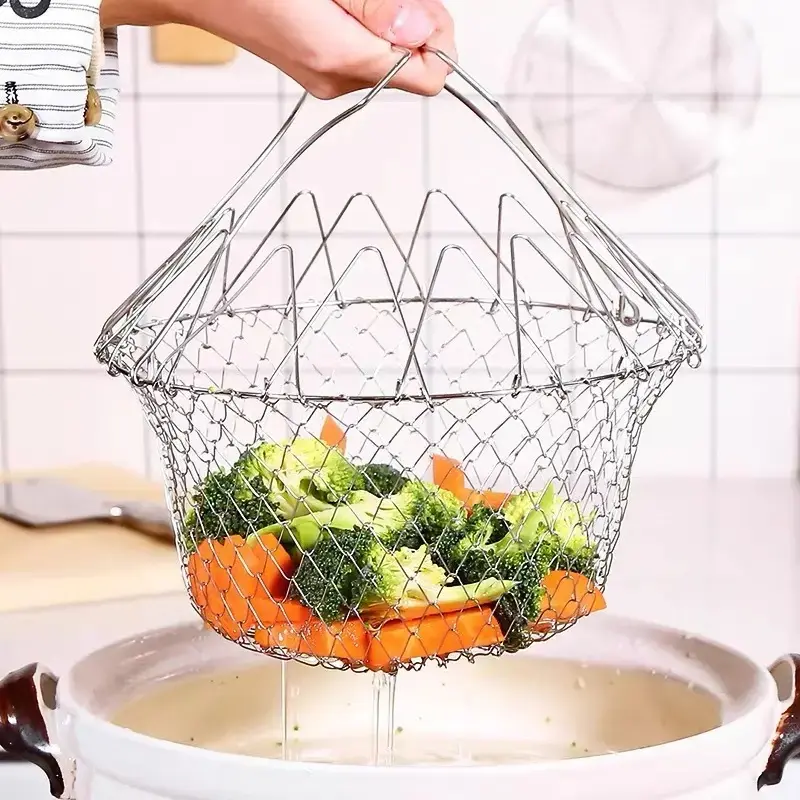 【TikTok Shop Black Friday】Stainless Steel Foldable Deep Fry Basket, Home Cooking Oil-Draining Strainer for French Fries, Chicken Nuggets, Kitchen Utensils