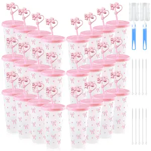24pcs Bow-Knot Printed PP Water Cups with Lids, Straws and Straw Caps, Reusable, Stylish & Practical. Perfect for Office Hydration, Birthday Parties & Banquets, Essential Gift Set for Thanksgiving & Graduation Season