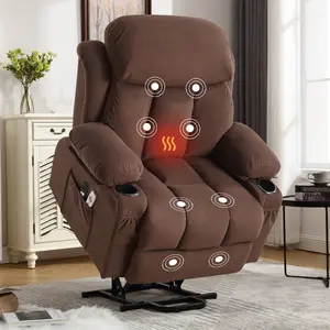 Power Lift Recliner Chair with Heat and Massage, Electric Fabric Recliner for Elderly, Brown Living Room Chair with Side Pocket, USB Port, Remote Control, Single Recliner Sofa for Home Theater, Dining Room Chairs for Kitchen, Dining Room