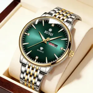 RUIQI business casual Men's Quartz Watch with Dark Green Dial Diamond Hour Markers Luminous Hands Adjustable Stainless Steel Strap Waterproof Dress Wristwatch for Formal Occasions