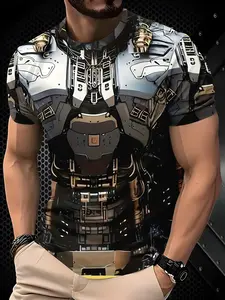 Men's Short Sleeve T-Shirt with Mechanical Armor Pattern, 3D Printed Trendy Casual Top, Fitted All over Print Tee