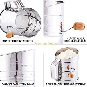 Stainless Steel 3 Cups Flour Sifter for Baking Rotary Hand Crank Powdered Sugar Shaker and Flour Duster
