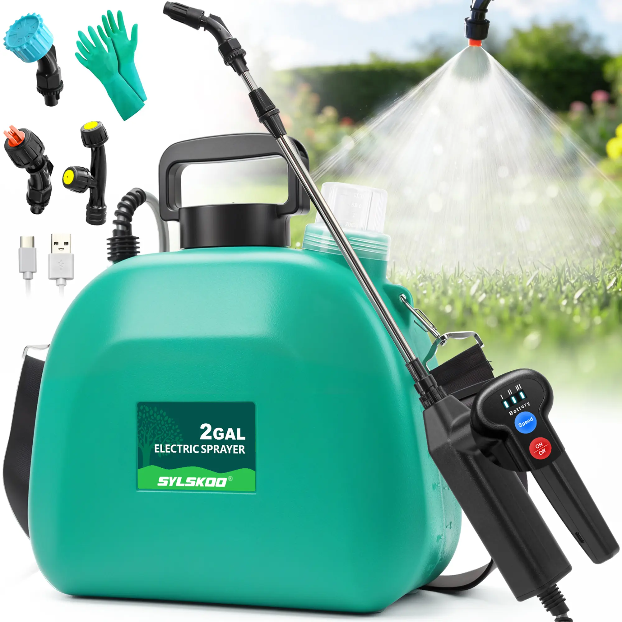 2-Gallon Rechargeable Battery-Powered Garden Sprayer, Electric Power Tool with 3 Speed Control, Battery Level View, 4 Mist Nozzles, Retractable Wand + Strap, Less Refill Trips for Lawn Weed Control