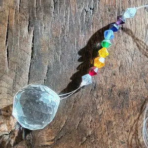 Glass Crystal with 7 colored Glass Beads Suncatcher, Chakra Glass faceted Sphere with Seven colored beads, Glass Rainbow Maker,
