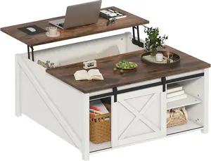 PUKAMI Lift Top Coffee Table with Storage, 31.5" Farmhouse Coffee Table for Living Room, Square Coffee Tables with Large Hidden Storage and Sliding Barn Doors