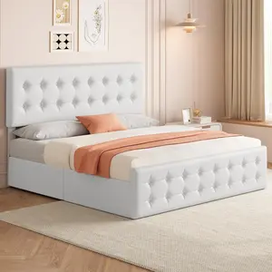 White King Size Faux Leather Upholstered Platform Bed Frame - Button-Tufted Headboard, 4 Storage Drawers, Wooden Slats Support, No Box Spring Required