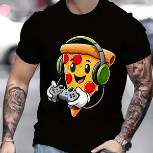 NewMen's 3D Cartoon Pizza Gaming Graphic T-Shirt |   Casual Polyester Tee with Round Neck |   Vibrant, Machine Washable |   Comfort Fit for Casual Attire(T)