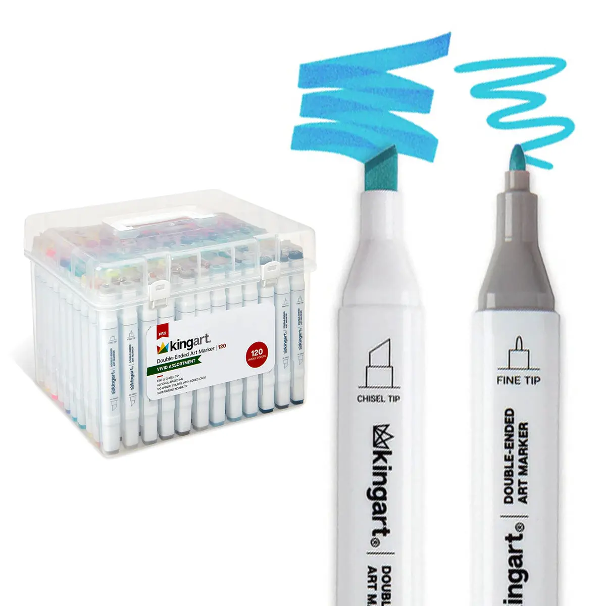 KINGART Pro Double-Tipped Art Alcohol Markers Set - 120 Unique Colors, Fine & Chisel Tips, Superior Blendability, Art Craft Supplies, Artist Drawing Pens with Travel Case