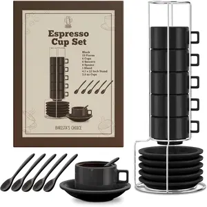 Espresso Cup Set, Espresso Cups Stackable, Expresso, Demitasse, with Saucers, Stand, Spoons, Coffee Mugs, Juego De Tazas Para Cafe, Porcelain, Stacking, 19 count, Set of 6, 2.5 oz, Black