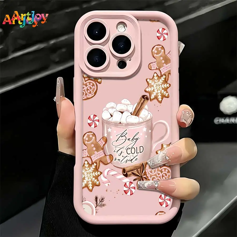 Shockproof Fluffy Phone Case, Sweet Girly Festive Cookie-Illustrated Protective Accessory with Pink-Toned Christmas Gingerbread, Hot Cocoa, Candy, Snowflake Designs for iPhone 17 Pro Max,16,16 Plus,15,14,13,12 - Ideal Birthday,Holiday Gift