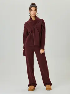 Women's Slouchy Solid Color V-Neck Long Sleeve Knit Sweater with Scarf & Wide Leg Trousers Co-ord