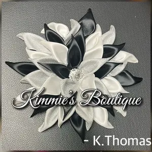 White, black, and Sliver Kanzashi Satin Flower Brooch - Ribbon Flower Brooch - Dress Corsage - White, black, and Sliver  Brooch Pin