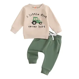 Canrulo Baby Toddler Boys Fall Clothing Set 0 6 12 18 24 Months 2T 3T 4T Letter Tractor Print Long Sleeve Round Neck Tops Drawstring Pocket Long Pants 2-Piece Outfits