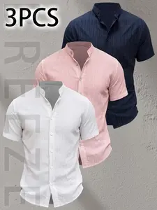 3pcs Men's Summer Short Sleeve Shirt, Lightweight Breathable Solid Color, Casual Button-Up with Stand Collar, Perfect for Gifting