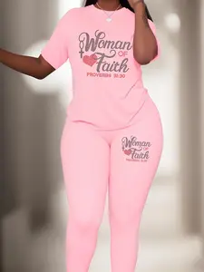 [Plus Size] Two-Piece Set Stretchy Outfit Sets Letter Print Tee & Skinny Pants Set, Casual Round Neck Short Sleeve T-shirt & Trousers, Casual Fashion Set, Women's Summer Clothes for Daily Wear