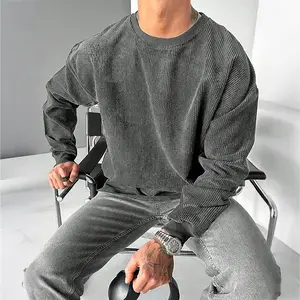 Men's Solid Color Corduroy Sweatshirt Spring And Autumn Casual Loose Fit Crew Neck Pullover Long Sleeve Sports Shirt Comfortable Everyday Wear