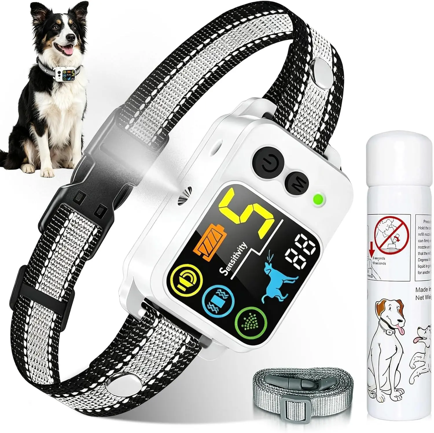 Citronella Bark Collar Spray Dog Collar, 5 Modes & Levels, 1*Spray Refill | Anti Bark Training Collar, beep/vibration/spray 5 modes, IP66 waterproof, for S/M/L Citronella Dog Collar,with 2 straps Grey