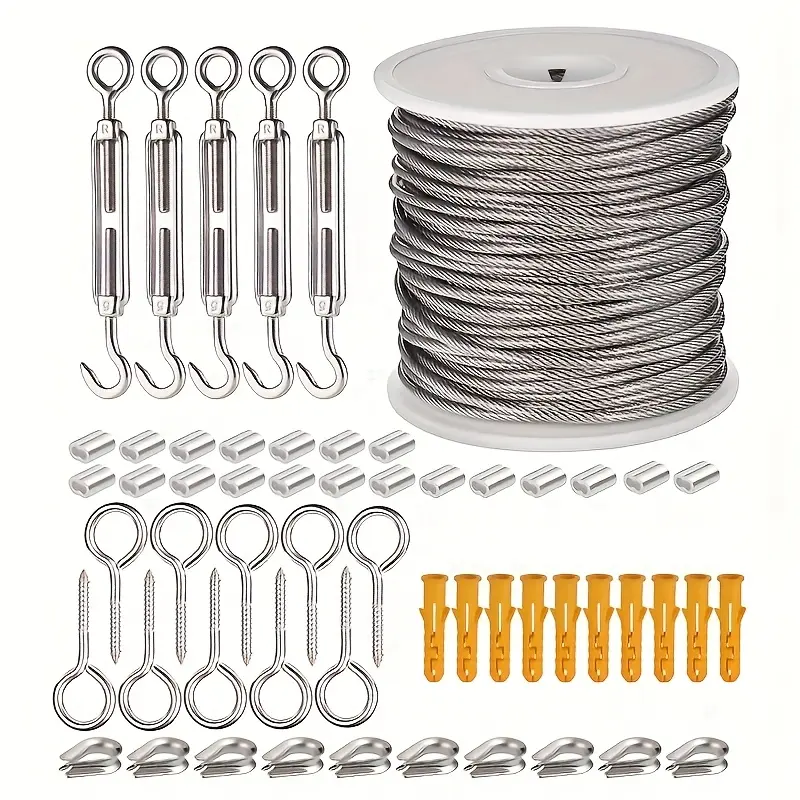 Stainless Steel Wire Rope Cable Complete Kit with Vinyl Coated 100ft Cable, Accessories for Outdoor and Garden Use, Industrial Grade Rigging Hardware Set