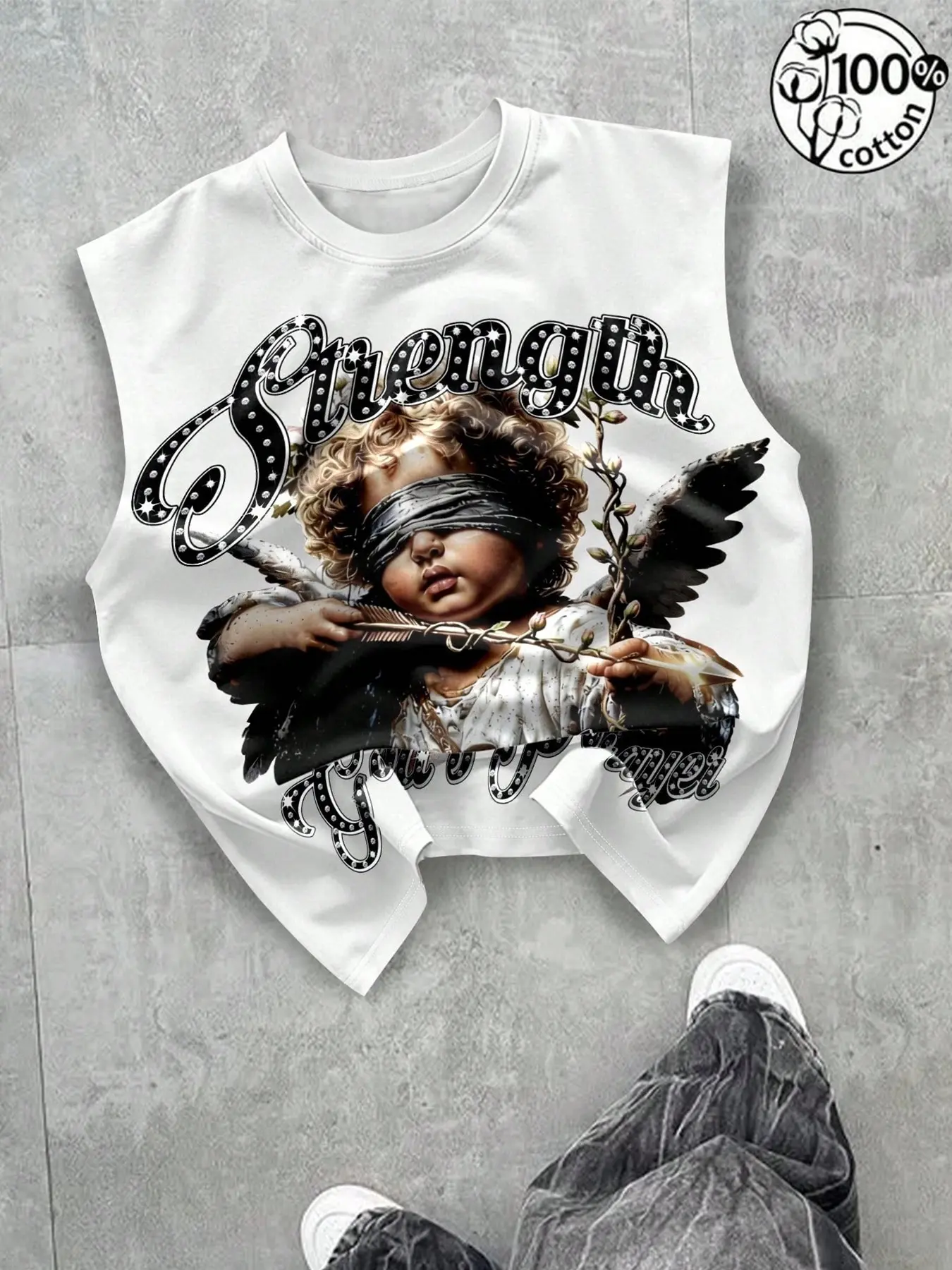 Unisex 100% Cotton Cropped Sleeveless Graphic Tank Top | Blindfolded Angel "Strength" Print Y2K Streetwear Crop Top