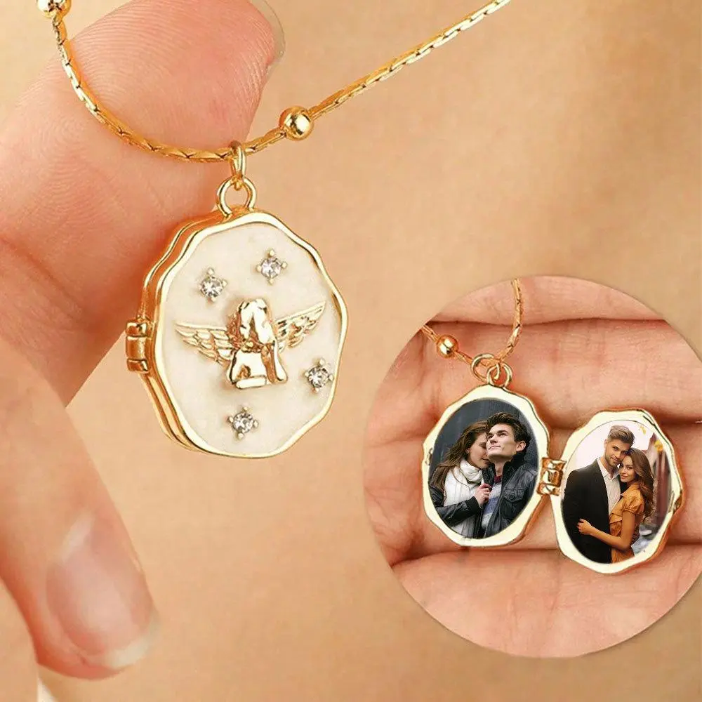 Vintage Angel Photo Locket Necklace - Opening Picture Frame Pendant, Pet Memorial Costume Jewelry Chain