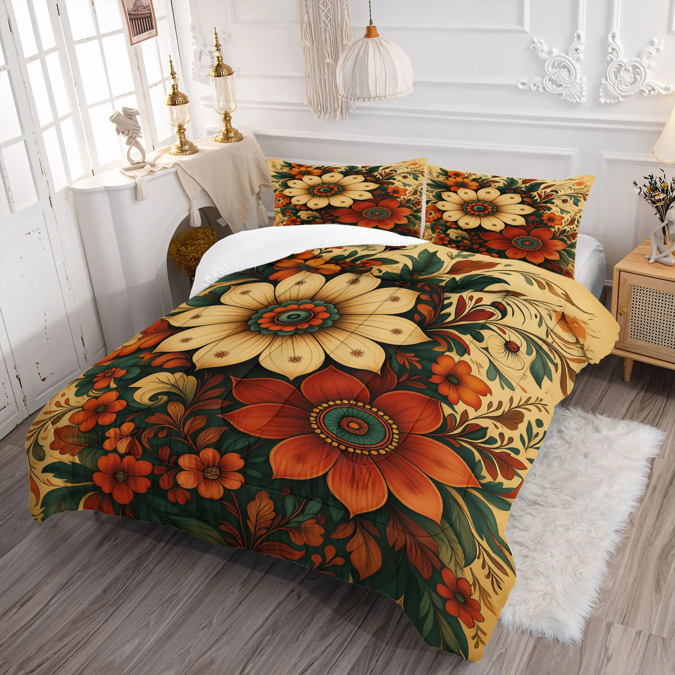 Vintage Boho Floral Comforter Set, Floral Bedding Sets, Includes 1 Comforter and 1 to 2 Pillowcases, Retro Botanical Flower Print Bedding Set, Soft Breathable All Season Fabric, for Bedroom Dorm Decor, Ideal Gift for Boho Lovers, Soft Quilt Set