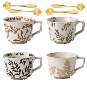 12OZ Ceramic Coffee Mugs Set of 4, Novelty Stoneware Tea Cups with Flower Spoon, Cute Mugs for Women Men, Suitable for Hot Chocolate Latte Espresso, Dishwasher and Microwave Safe