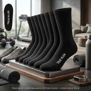 Men's Premium Athletic Crew Socks - 8 Pairs Pack for Shoe Size 8-12, Comfortable Breathable Cotton Blend Cushioned Sole Perfect for Sports Running Gym Workout Daily Wear Fashion Style