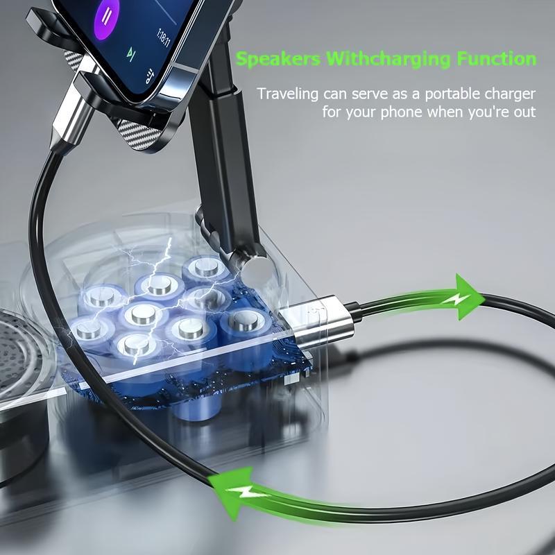 Wireless Audio Bluetooth Speaker 5in1 Phone Holder Emergency Rechargeable withColorful Ambient Light 300° Foldable for Tablet iPhone Android, Gifts for Men Women ，Black