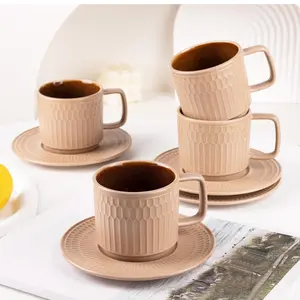 Large Cappuccino Cups with Saucers Set of 4, 8 Ounce Stackable Embossed Ceramic Coffee Mugs for Specialty Coffee Drinks, Latte, Cafe Mocha and Tea, Dishwasher & Microwave Safe (Brown)