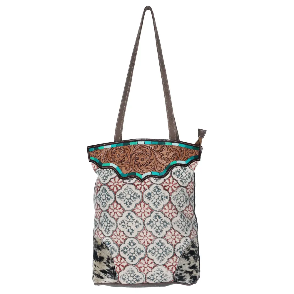 Ohlay Bags OHV197 Tote Hand Tooled Upcycled Canvas Hair-On Genuine Leather Women Bag Western Handbag Purse