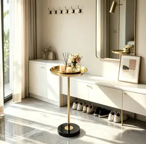 Gold Adjustable Natural Marble Pedestal Dual-Use Multi-Function End Table - Small Metal Indoor Living Room Furniture with Display, Storage, Tea/Coffee Table Functionality, Dual-Use End Tables, Metal End Tables