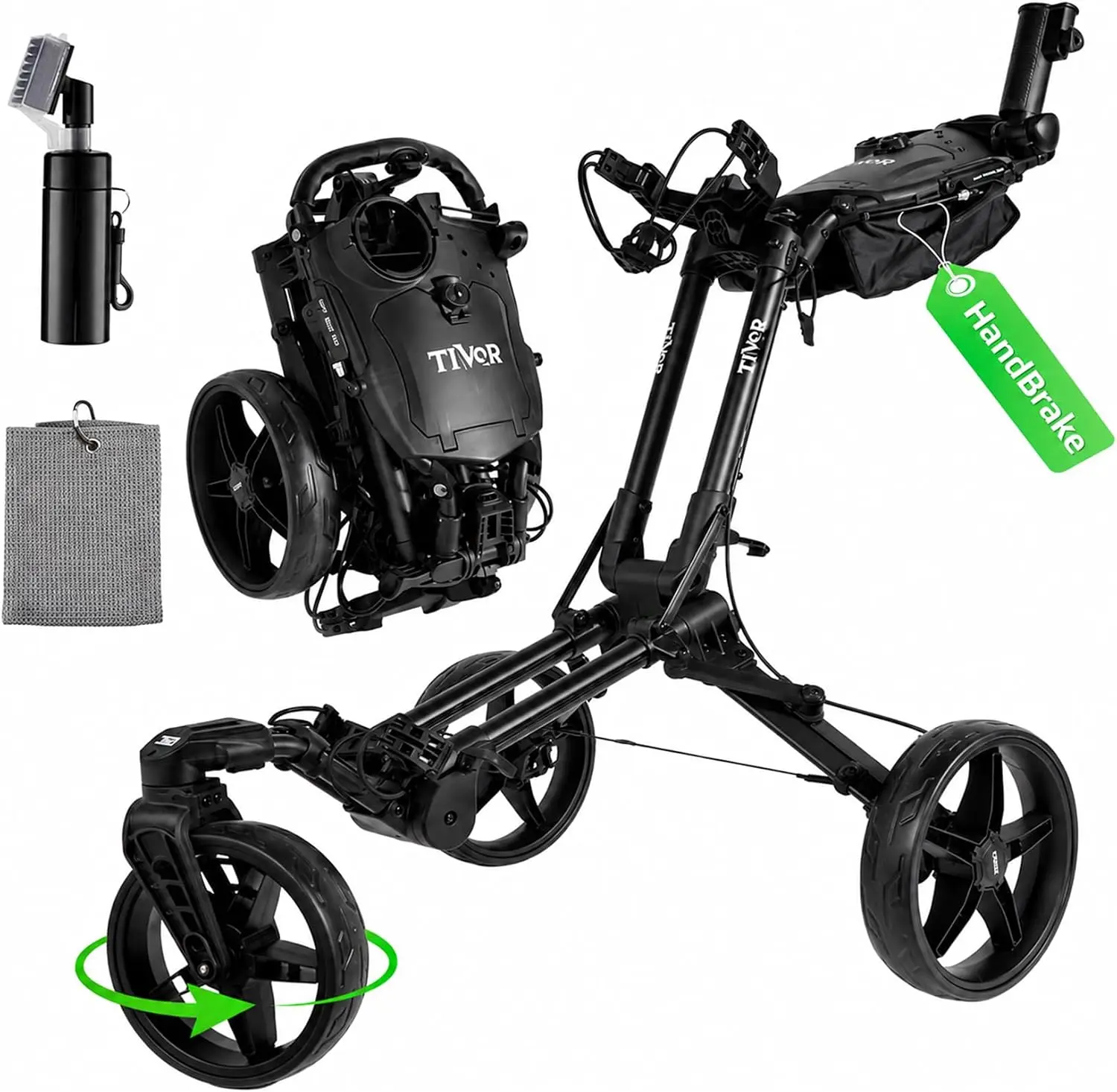 Tivor Golf Push Cart with 360° Front Wheels & Handbrake, 3 Wheel Pull Cart Offers One-Click Folding and All-Terrain Mobility
