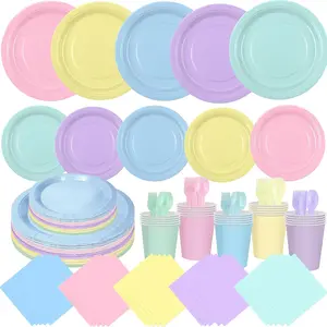 200 Pcs Pastel Rainbow Disposable Dinnerware Set, Macaron Color Paper Plates Cups Napkins Plastic Forks Knives Spoons, Pastel Party Tableware Serves 25 Guests