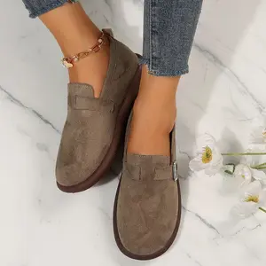 Women's Soft Suede Slip-On Flats Round Toe Buckle Loafers for Home & Outdoor