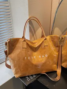 Chic Preppy-Style Large Capacity Tote Bag - Lightweight PVC & Kraft Paper With Magic Tape Closure For Women's Fashion