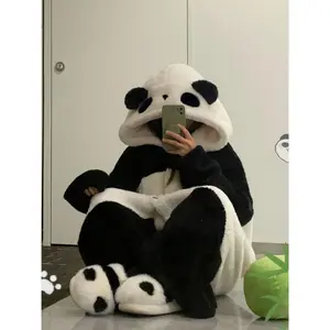 Hooded Panda Pajama Women's Autumn and Winter Coral Velvet, Robe Thickened with Velvet Home Clothes Hit Dress Pants Loungewear Onesies