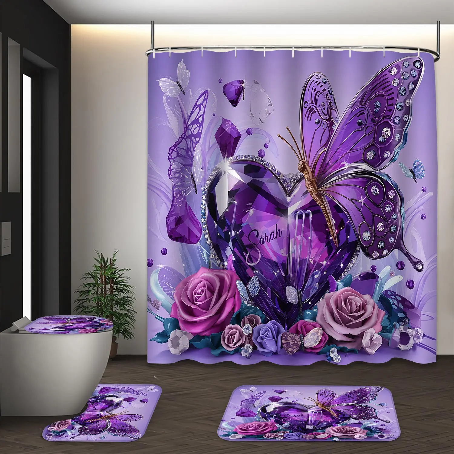 LVRLVR 4Pcs Purple Butterfly & Crystal Heart Print Glam Romantic Multi-Color Decorative Whimsical Shower Curtain Set 70.8×70.8 Inch