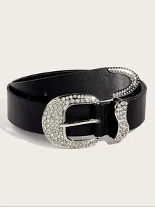 1pcs popular black fashionable pure color Blingbling rhinestone buckle head decoration women's belt Adjustable Waist Belt Trendy Versatile Buckle suitable for daily life use, matched with jeans, dresses, skirts, girlfriend, mother's day gift