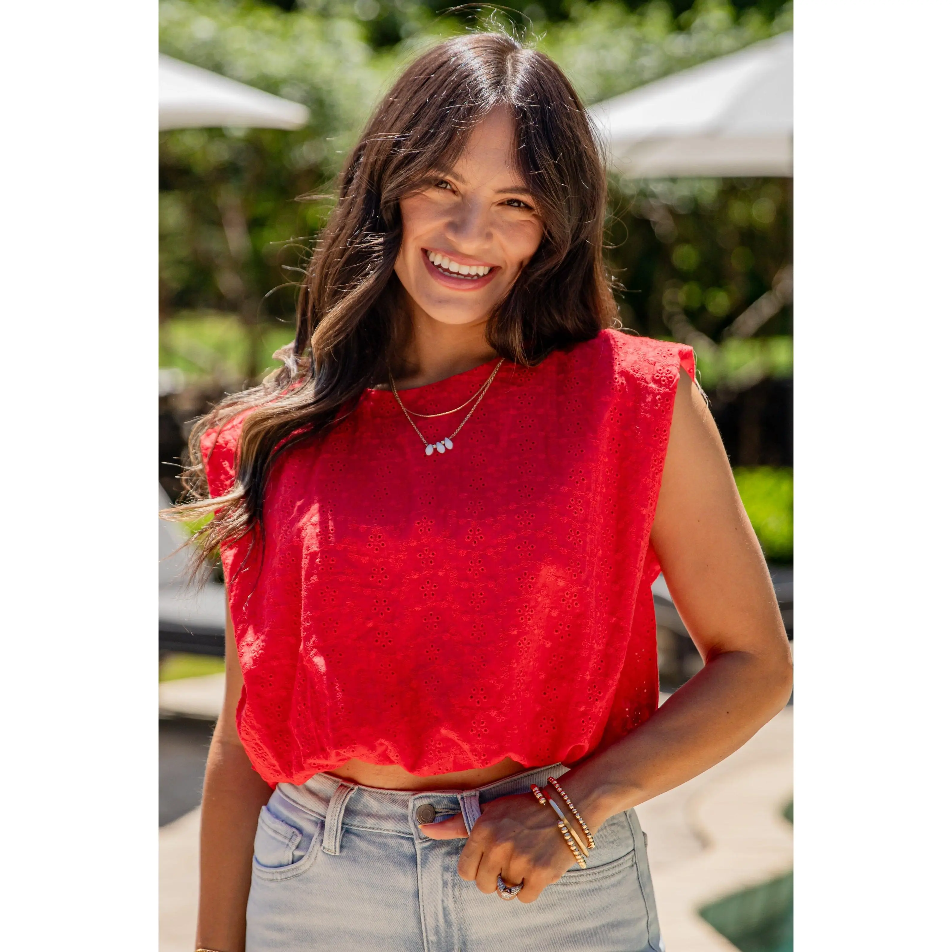 Simply Glowing Red Eyelet Bubble Hem Top