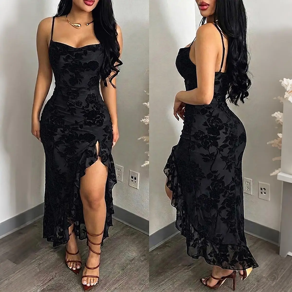 CHICME Women's Minimalist Vintage Flocking Rose Floral Fabric Maxi Dress - Sexy Cowl Neck Cami, High Slit, Backless Bodycon, Adjustable Formal Cocktail Evening Gown