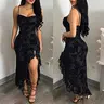 CHICME Women's Classy Vintage Floral Cowl Neck Bodycon Maxi - Adjustable Straps, Breathable Sheer Flocking Fabric, High Slit, Lightweight Backless Formal Piece for Party, Romantic Evening, Birthday Outfits (Womens Dresses, Evening Style)