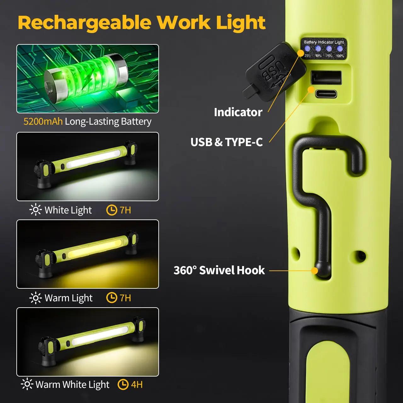 Work Light/Flashlight 3000LM, rechargeable underhood light 5200mAh with magnetic base & hanging hook, practical light for car repair/garage/construction site/power outage/emergencies, waterproof and durable LED lamp