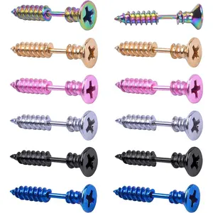 12 counts Screw Earrings, Stainless Steel Unisex Piercing Cross Screws Hoop Earrings Ear Stud,6 Colors