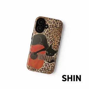 Stylish Black Cat With Guitar Tough Phone Case, Trendy Leopard Print Aesthetic Cover, Shockproof Protective Casing, Unique Gift for Music Lovers Men & Women, Compatible with iPhone 11–17 & Samsung