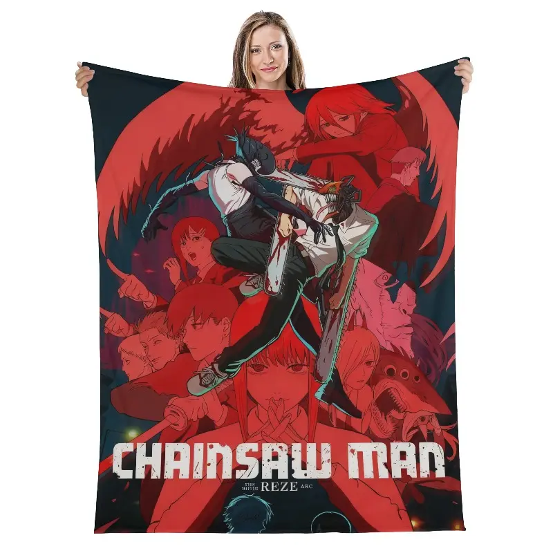 Chainsaw Man Reze Arc Throw Blanket, Dynamic Anime Action Flannel Blanket, Manga Bed Throw for Couch Sofa, Red Black Room Decor, Dorm Wall Accent, Collector Gift for Teens, Men Women, Movie Night Lounge Cover, Graphic Art Layer
