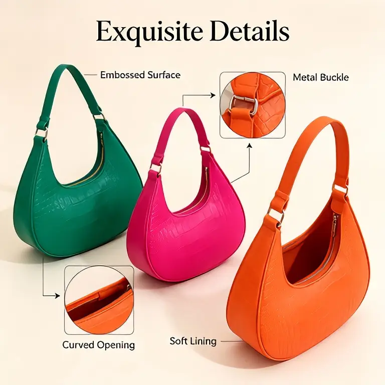 1PCS  Trendy Crescent Hobo Bag, Soft Embossed Leather Shoulder Purse, Short Handle Underarm Bag, Fashion Daily Handbag for Women